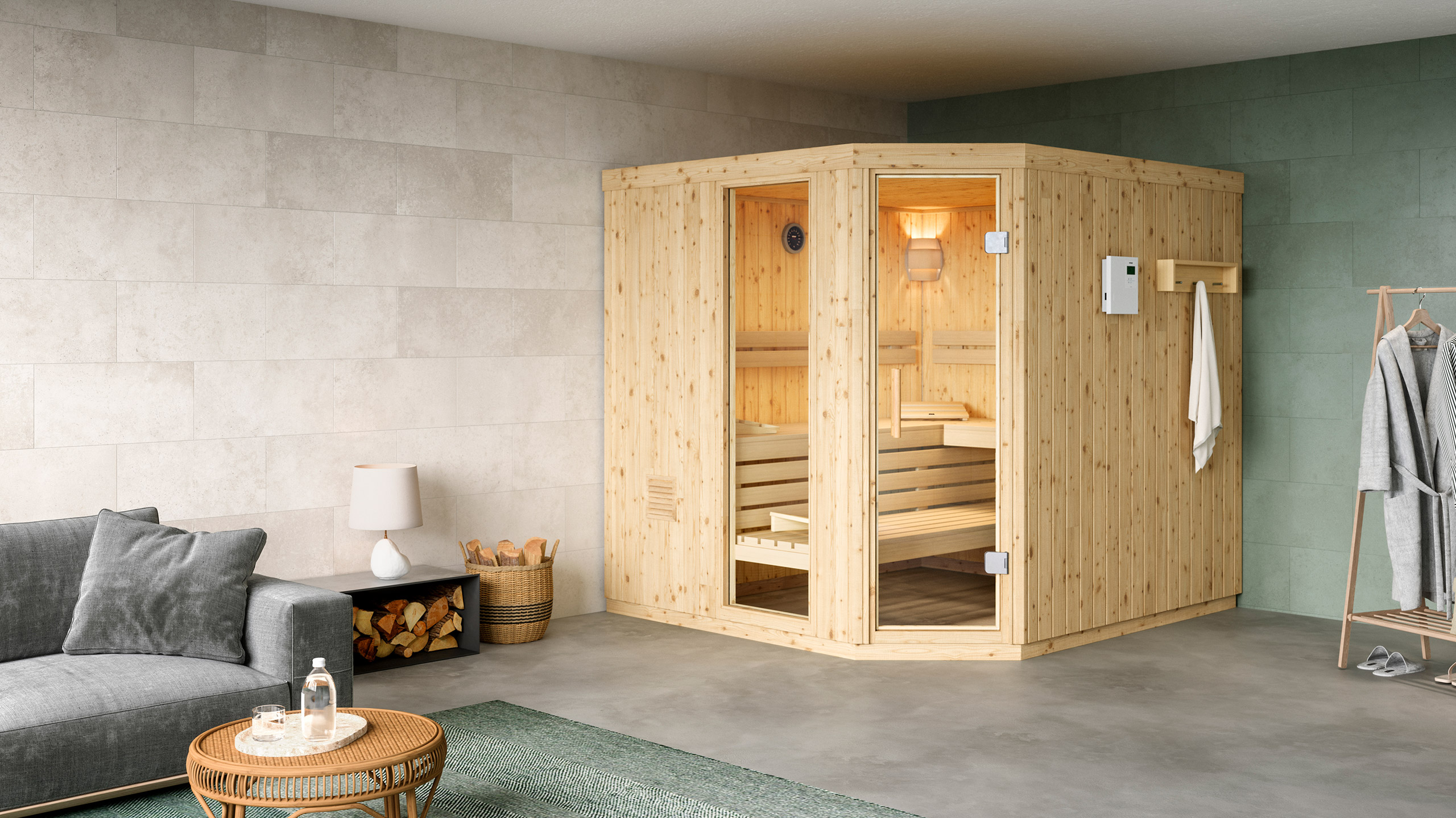 Sauna Origo in 5-Eck-Variante mit Glaselement